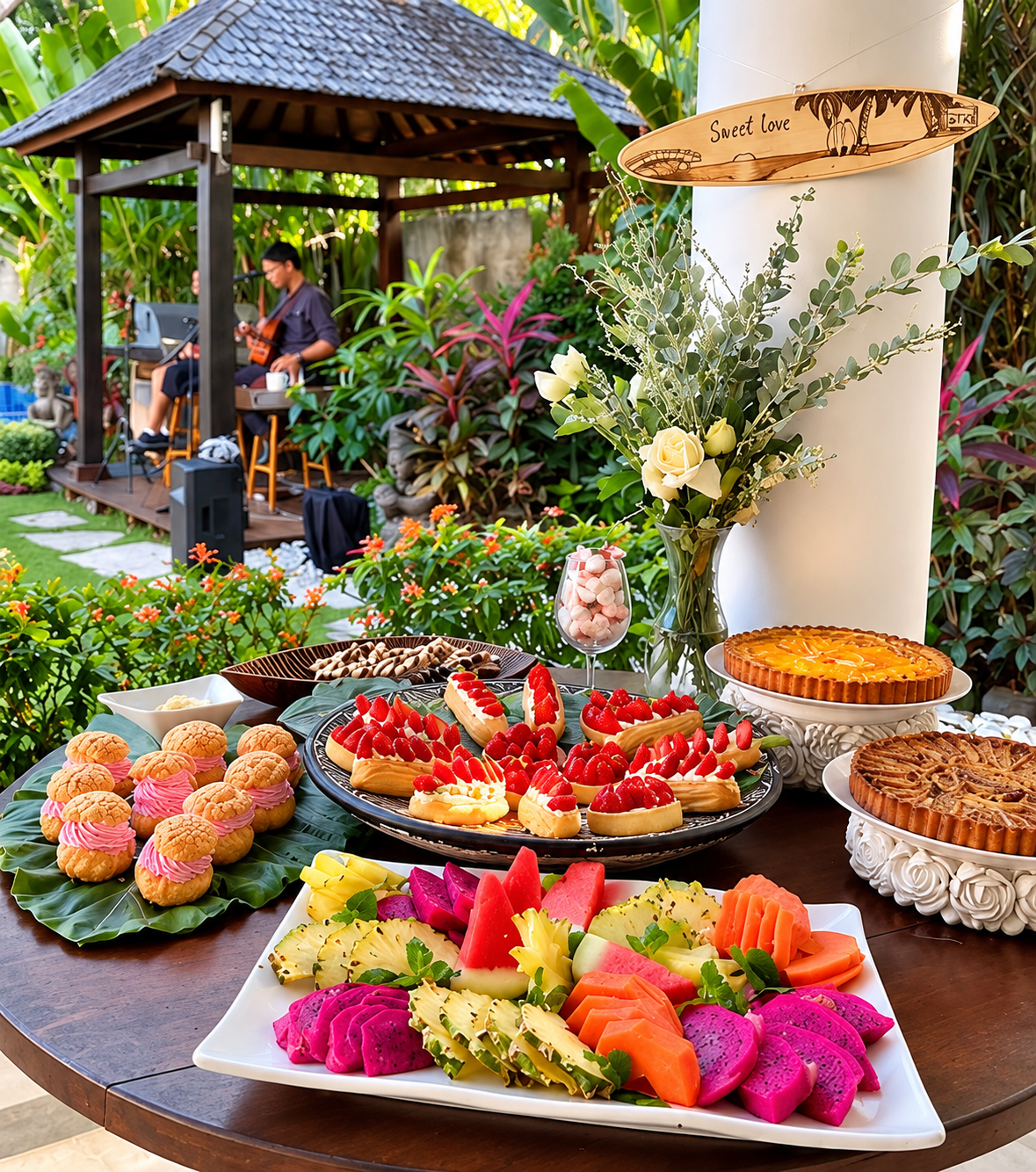 Dessert table and live music at a celebration at CassaMia Bali