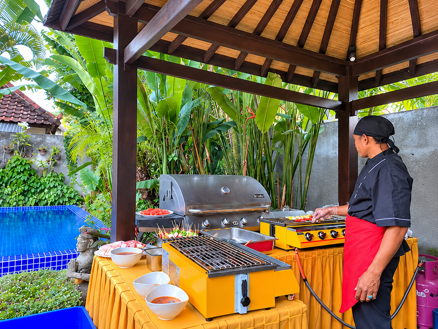Private chef grilling at the poolside gazebo, CassaMia Bali villa